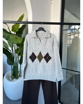 GRİ BAKLAVA DESEN POLO YAKA KAZAK