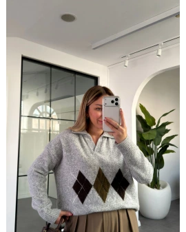 GRİ BAKLAVA DESEN POLO YAKA KAZAK