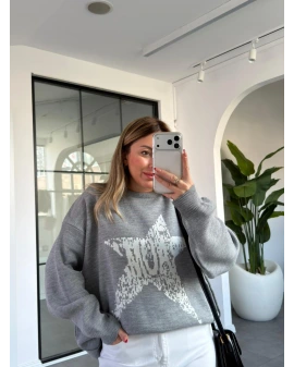 GRİ BEYAZ YILDIZ DESEN KAZAK