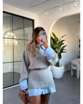 GRİ GÖMLEK DETAY TRİKO ELBİSE