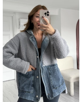 Gri Jean Detay Kapüşonlu Oversize Peluş Ceket