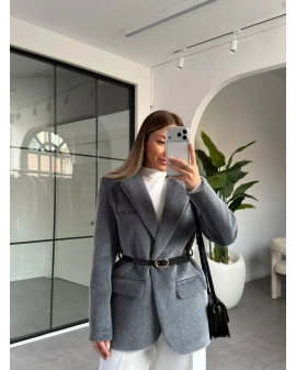 Gri Kemerli Premium Kalite Peluş Ceket