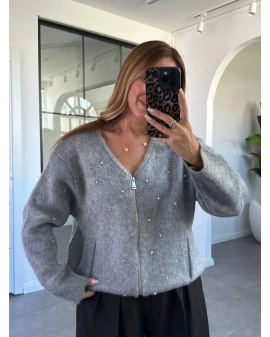 GRİ TAŞ DETAYLI FERMUARLI HIRKA