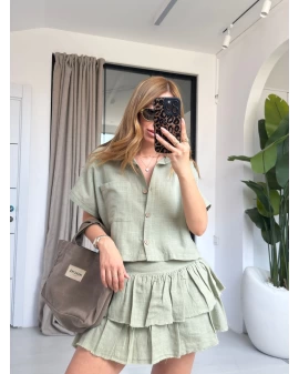 HAKİ CROP ETEKLİ KETEN TAKIM