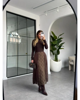 HAKİ KAHVE ŞİFON EKOSE DESENLİ ASİMETRİK ETEK