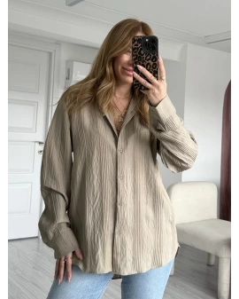 Haki Kendinden Desenli Oversize Gömlek