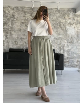 Haki Keten Düğmeli Etek