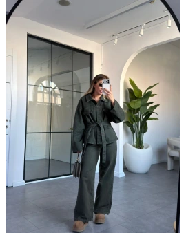 HAKİ KUŞAKLI DENİM CEKET PANTOLON TAKIM