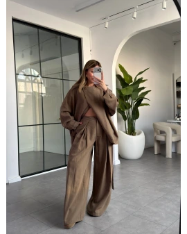 HAKİ TENSEL KEMERLİ CEKET PANTOLON TAKIM