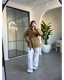 HAKİ YAKASI KADİFE KUŞAKLI MONT