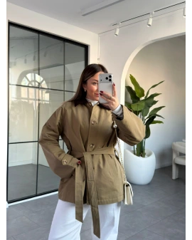 HAKİ YAKASI KADİFE KUŞAKLI MONT