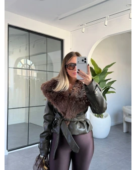 HAKİ YAKASI KÜRKLÜ DERİ CEKET