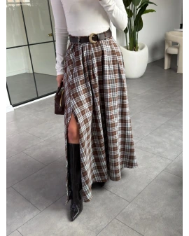 KAHVE AÇIK MAVİ YIRTMAÇ DETAY EKOSE ETEK