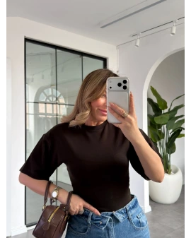 KAHVE BELDEN FERMUAR DETAYLI T-SHIRT 1003