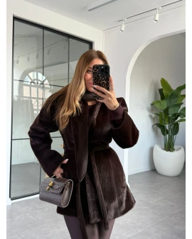 KAHVE BELDEN OTURMALI ŞAL YAKA KAŞE CEKET