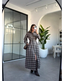 KAHVE BELDEN OTURTMALI EKOSE ELBİSE