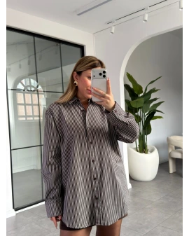 KAHVE BEYAZ ÇİZGİLİ OVERSİZE GÖMLEK