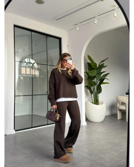 KAHVE BİSİKLET YAKA SAÇ ÖRGÜ TRİKO TAKIM