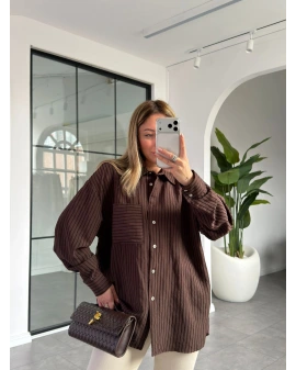 KAHVE ÇİZGİLİ DOKULU GÖMLEK