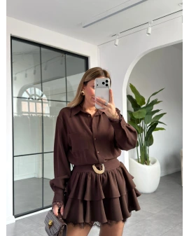 KAHVE DANTEL DETAY GOLD TOKALI ELBİSE