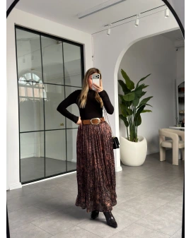 KAHVE DESENLİ PİLİSELİ ETEK