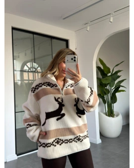 KAHVE GEYİK DESEN PELUŞ SWEATSHİRT