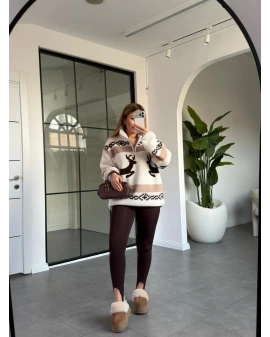 KAHVE GEYİK DESEN PELUŞ SWEATSHİRT