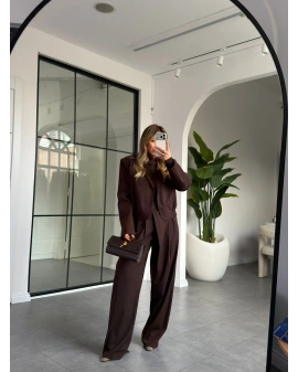 KAHVE GOLD AKSESUARLI PALAZZO CEKET TAKIM