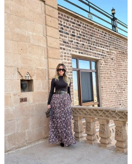 KAHVE KALIN KEMERLİ ŞİFON ETEK