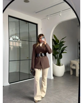 KAHVE KEMERLİ ATLAS CEKET