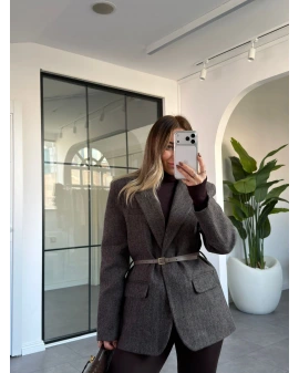 KAHVE KEMERLİ BLAZER KAŞE CEKET