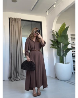 KAHVE KEMERLİ PREMİUM KALİTE MODAL GÖMLEK ELBİSE