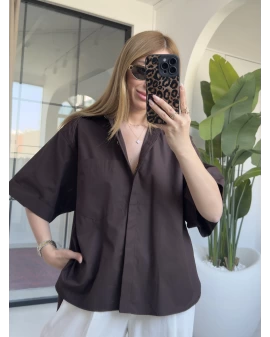 KAHVE KISA KOL POPLİN GÖMLEK