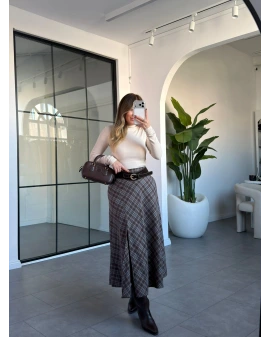 KAHVE MAVİ YIRTMAÇ DETAY KEMERLİ EKOSE ETEK