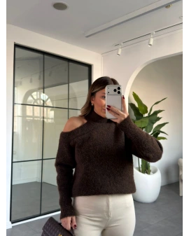 KAHVE OMUZ DETAYLI KAZAK