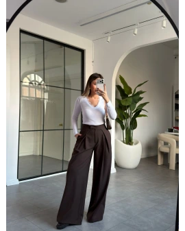 KAHVE PENSLİ DÖKÜMLÜ PALAZZO PANTOLON