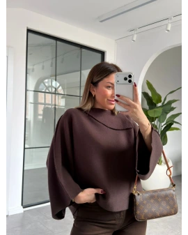 KAHVE ŞAL YAKA YARASA KOL TRİKO KAZAK