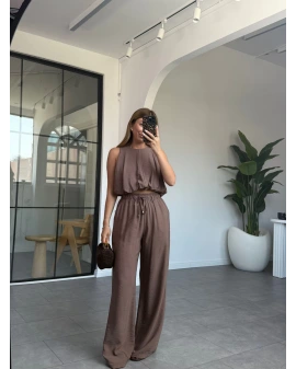 KAHVE SIFIR KOL CROP PANTOLON TAKIM