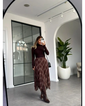 KAHVE ŞİFON EKOSE DESENLİ ASİMETRİK ETEK