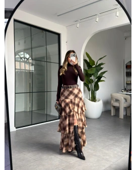 KAHVE ŞİFON KAT KAT KEMERLİ ETEK