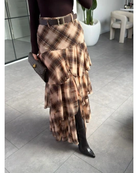 KAHVE ŞİFON KAT KAT KEMERLİ ETEK