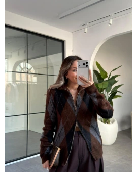 KAHVE SİYAH BAKLAVA DESEN ÇİFT FERMUAR HIRKA