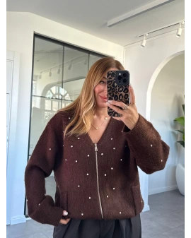 KAHVE TAŞ DETAYLI FERMUARLI HIRKA