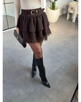 KAHVE UCU DANTEL DETAYLI MİNİ ETEK