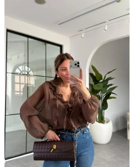 KAHVE V YAKA FIRFIRLI BLUZ