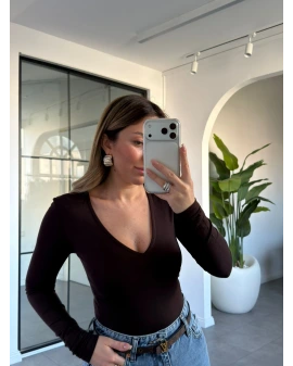 KAHVE V YAKA MODAL BLUZ