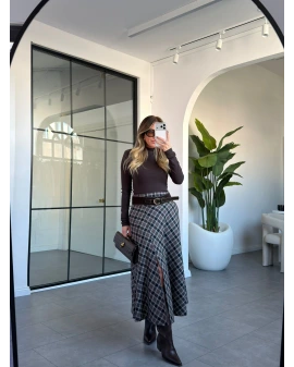 KAHVE VİZON YIRTMAÇ DETAY KEMERLİ EKOSE ETEK