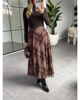 KAHVERENGİ EKOSE DESEN ŞİFON ETEK