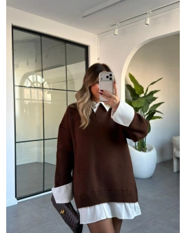 KAHVERENGİ GÖMLEK DETAY TRİKO ELBİSE