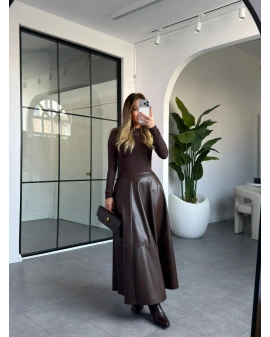 KAHVERENGİ MİDİ BOY DERİ ETEK